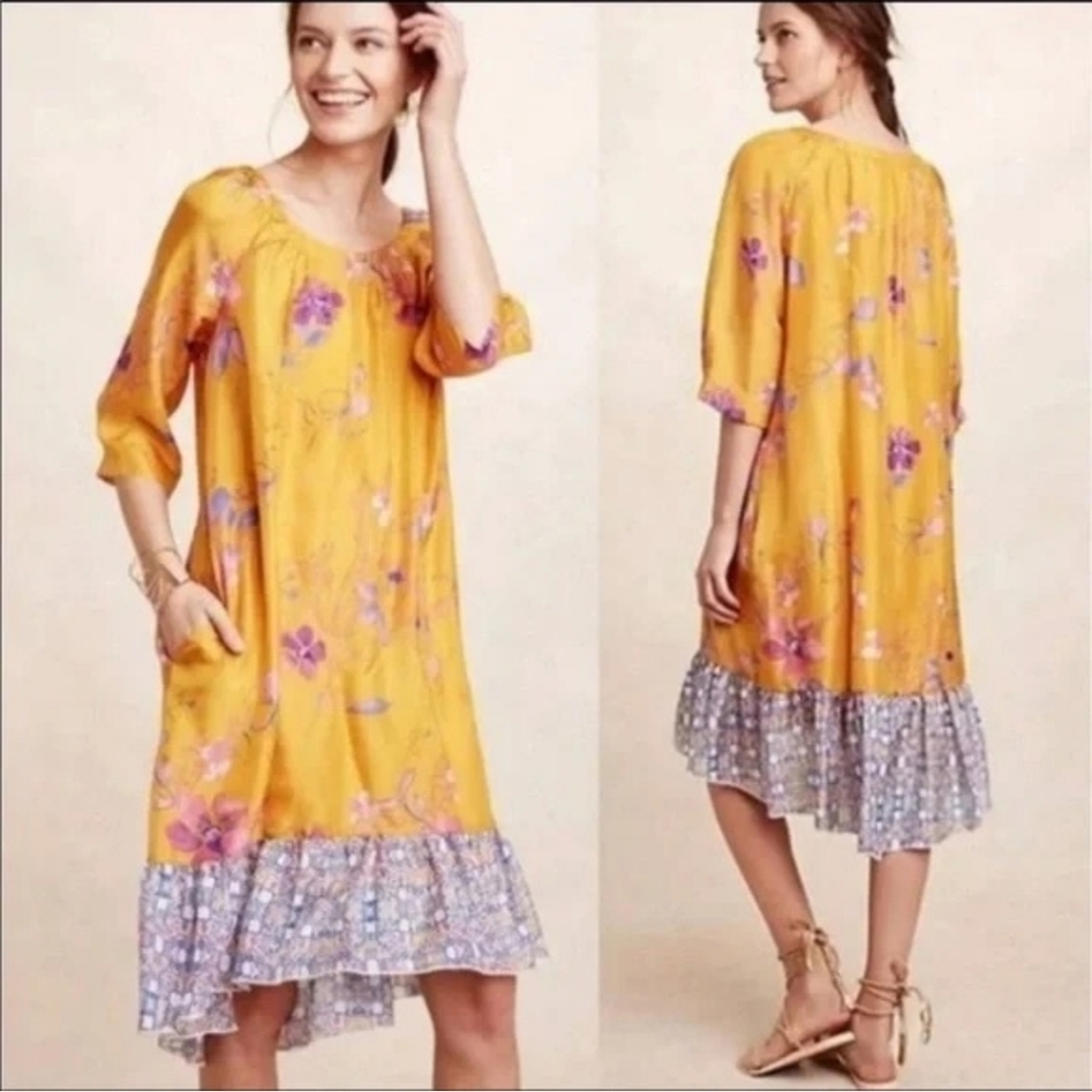 Anthropologie Rainforest Silk Dress Vanessa Virginia Yellow Floral
